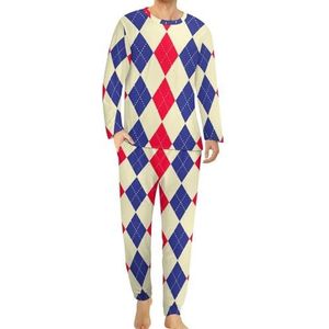 Blauw Rood Argyle Patroon Comfortabele Heren Pyjama Set Ronde Hals Lange Mouw Loungewear met Zakken 2XL