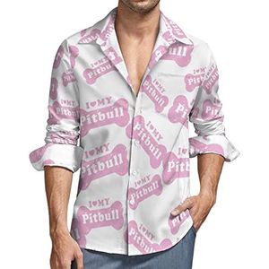 I Love My Pitbull Dog Button-down overhemd voor heren, lange mouwen, V-hals, casual tops met normale pasvorm