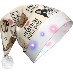 EdWal I Love Franse Bulldog kerstmuts met ledverlichting, grappige pluche kerstmuts, kerstfeestmuts voor volwassenen