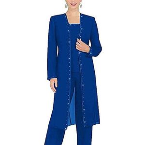 Leader of the Beauty 3-delige chiffon kralen broek past moeder van de bruid broek pakken met lange jas voor vrouwen formele, koningsblauw, 48