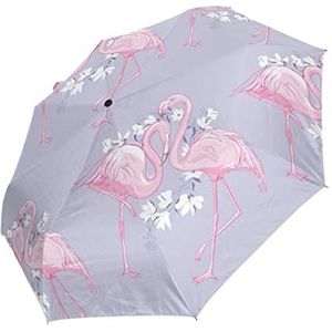 Flamingo Bloem Liefde Roze Automatische Opvouwbare Paraplu UV-bescherming Auto Open Sluiten Vouwen Winddicht Zonneblokkering voor Reizen Strand Vrouwen Kinderen