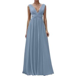 Diepe V-hals Prinses Bruidsmeisjes Jurken Chiffon Galajurken met Split Formele Avondjurk ZM195, Dusty Blauw, 32