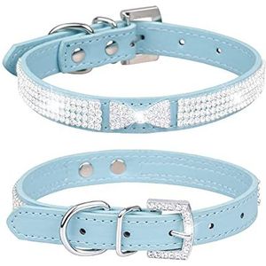 haoyueer Leuke oogverblindende sprankelende elegante chique PU lederen Bling strass kristal juwelen huisdier kat hond puppy kraag... (M, blauw-3)