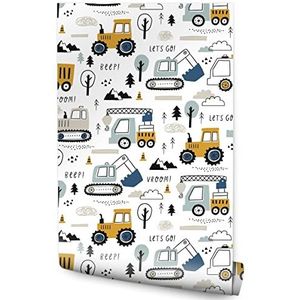 Muralo Vliesbehang voor jongens, vrachtwagen, graafmachine, kranen, tractor, transport, bomen, wolken, bergen, hemel, Scandinavische stijl, wandbehang, 1000 x 53 cm, kinderkamer, speelkamer, moderne