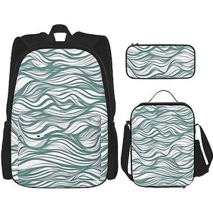 Groene Golvende Streep Grote Capaciteit Rugzak Lunch Tas Pen Pouch 3 Stuk Set voor Kantoor Reizen Camping Unisex, Zwart, Eén maat