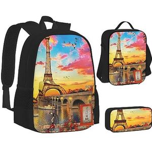 BONDIJ Eiffeltoren Parijs Rugzakken voor school met lunchbox etui, waterbestendige tas voor jongens meisjes leraar geschenken, Eiffeltoren Parijs3, Eén maat