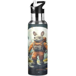 Cartoon Konijn Astronaut Sport Waterfles Geïsoleerde Rvs Grote Vacuüm Fles Lekbestendige Thermosfles met rietje voor reizen (600 ml/1000 ml)