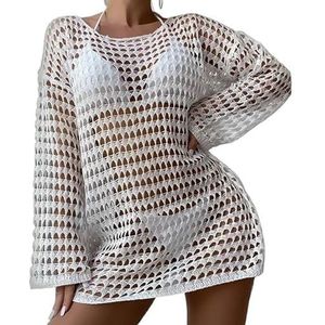 Badpak voor dames, zee door Hollow out bikini cover-ups, tops, dames, strandkleding, lange mouwen, strandjurk, cropped tops, crochet badpak, cover-up, badpak, zee (wit)