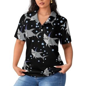 Grappige Shark Star dames poloshirts met korte mouwen casual T-shirts met kraag golfshirts sport blouses tops XL