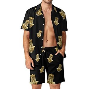 Gouden Hamsa Hand Hawaiiaanse bijpassende set 2-delige outfits button down shirts en shorts voor strandvakantie