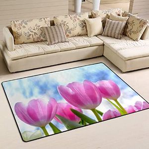 Vloerkleed 100 x 150 cm, paars-roze tulpengebied tapijten voor slaapkamer waterabsorberende flanellen mat tapijt wasbare kantoormatten, voor binnen en buiten, achtertuin