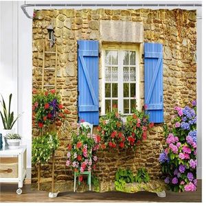 GSJNHY Douchegordijn traditionele stad straat douchegordijn bloemen schilderachtig blauw venster badkamer decor polyester Clorh badgordijnen met haken (kleur: 906J, maat: 150 x 180 cm)
