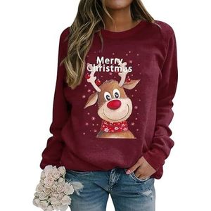 Kersttrui dames Merry Christmas sweatshirt grappige rendierprint katoenen Kerst Kerst trui casual en los(Red,XXL)