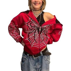 CheJooe Dames Y2k Zip Up Hoodies Spider Web Print Lange Mouw Sweatshirt Oversized Goth Esthetische Grafische Print Sweatshirt met Zakken Herfst, D Rood, S