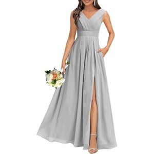 Chiffon bruidsmeisjesjurken voor dames, voor bruiloft, met split, cocktailjurk, avondjurk, baljurk, grote maten, Zilver, 32