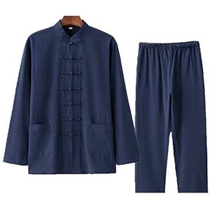 Katoen Linnen Tai Chi Uniform Kung Fu Pak ChineseTraditionele Kleding Tang Pak Mannen Martial Art Jas Ademend Lange Mouwen Jas Tops Zen Meditatie Uniform, Blauw, L-XL