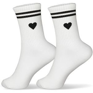GEBETTER Witte gestreepte sokken voor dames en heren, katoen, witte sportsokken met hartvormige strepen, eenheidsmaat 36-42, ademend, Zwarte strepen, Eén Maat