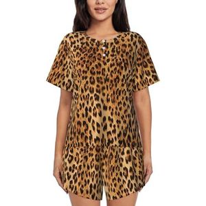 Luipaardprint Vrouwen Zomer Zachte Tweedelige Bijpassende Outfits Korte Mouw Pyjama Lounge Pyjama Sets, Zwart, XL