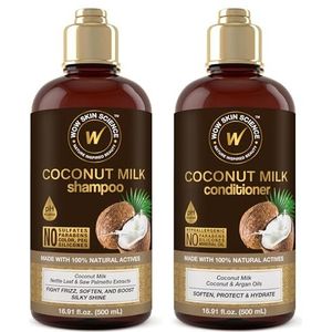 WOW Skin Science Kokosmelk Shampoo en Conditioner Set - Shampoo Conditioner Set Parabenen Sulfaat Gratis - Shampoo & Conditioner Set Voor Krullend Haar (Bruin, 2-delige Set)