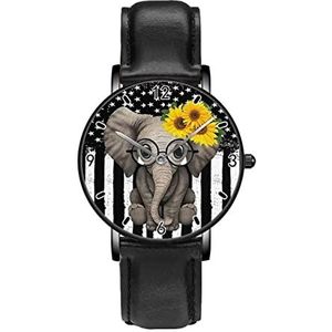 Amerikaanse Vlag Olifant Zonnebloem Klassieke Patroon Horloges Persoonlijkheid Business Casual Horloges Mannen Vrouwen Quartz Analoge Horloges, Zwart