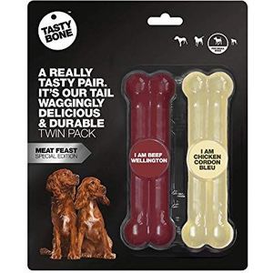 Tasty Bone Twin Pack | Nylon hondenkauwspeelgoed botten voor kleine honden (1 Beef Wellington & 1 Chicken Cordon Bleu) | Uitzonderlijk stevig, bevordert gezonde tanden en tandvlees (gemaakt in het VK