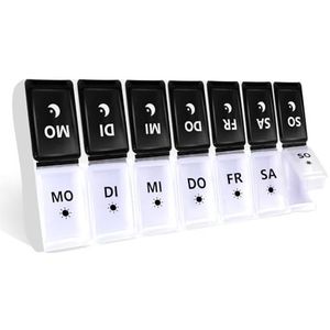 JANUIXCO Tablettenbox 7 dagen 's ochtends 's avonds - pillendoos 7 dagen 2 vakken afneembaar, vrij van BPA - medicijnbox 14 vakken eenvoudig te openen, voor onderweg (zwart-wit)