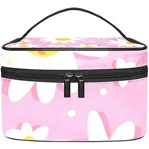 Daisy Bloemen Patroon Roze Achtergrond Make-up Organizer Bag, Reizen Make-up Tas Organizer Case Draagbare Cosmetische Tas voor Vrouwen en Meisjes Toiletartikelen, Meerkleurig, 22.5x15x13.8cm/8.9x5.9x5.4in