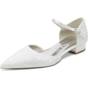 EICOFF Dames Lage Hakken Gesloten Teen Bruiloft Flats Pompen Kant Satijn Enkelband Verstelbare Gesp Bruidsschoenen Party Dress Schoenen,Wit,36 EU
