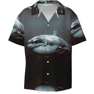 EdWal Grote witte haaienprint heren korte mouw button down shirts casual losse pasvorm zomer strand shirts heren overhemden, Zwart, 3XL
