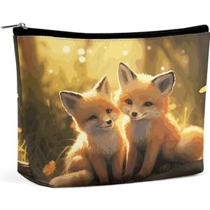 JKLQWH Lederen make-up tas waterdichte cosmetische tas voor vrouwen schattige vossen open platte toilettassen draagbare tas met rits make-up organizer case voor reisaccessoires