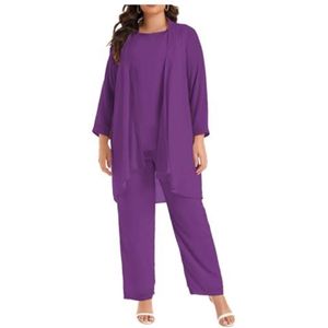 Moeder van de bruid broek pakken 3 stuks chiffon outfit sets voor bruiloft jas vest broek pakken moeder broek pakken, Diep Paars, 46