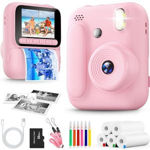 Instant Print Camera voor kinderen, 1080P Instant Camera met 5 rollen printpapier, 32GB kaart en gekleurde pennen, draagbare digitale camera voor jongens en meisjes van 3-14 jaar-Roze