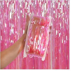 Folie franje gordijn 1 x 2 m iriserend franje gordijn holografische achtergrond feestbenodigdheden zeemeermin folie franje gordijnen feestdecoraties roze achtergrond klatergoud gordijnen (kleur: