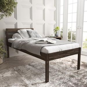 Bed 120x200 cm in wengé geolied hout - Triin Scandi Style hoogslaper zonder lattenbodem - Gelamineerd berkenhout - Natuurlijke kleur - Draagvermogen 350 kg