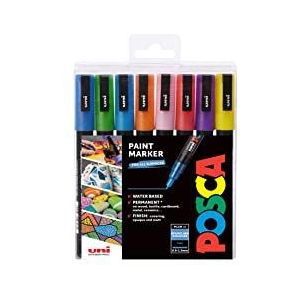 POSCA 153544857 PC-3M ""Sparkling Paint in a Pen"" set, 1,5 mm brede kogelpunt, viltstiften op waterbasis, 8 glinsterende kleuren