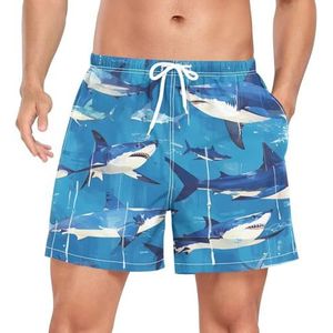 Niigeu Aquarel Blue Shark Fish Zwembroek voor heren Sneldrogend met Zakken, Leuke mode, M