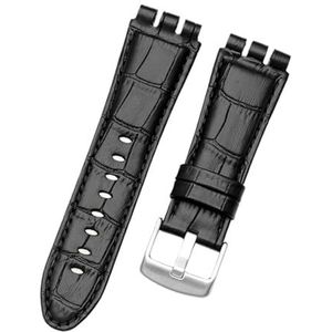 EDVENA 23 MM Echt Kalfsleer Horlogeband Stalen Sluiting Compatibel Met Swatch IRONY YOS440 449 448 401G Horloge (Color : A Black, Size : 23mm silver clasp)