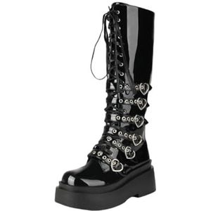 Y2K-stijl Hoge Laarzen Met Gesp For Dames PU-lakleer Veterlaarzen Platform Punklaarzen Biker Lange Laarzen Met Rits, Rijlaarzen Met Sleehak Van 8 Cm Winterschoenen(43 EU)
