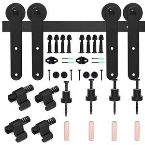 Schuifdeurrailset voor schuurdeuren, Dubbele schuifdeur hardware kit koolstofstaal zwart meerdere maten(181.1"" Track (Double Door))