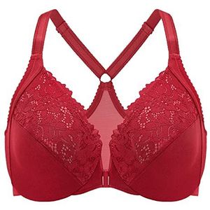 DELIMIRA Vrouwen Plus Size Volledige Dekking Kanten Beugel Racerback BH met Voorsluiting Donkerrood 105C