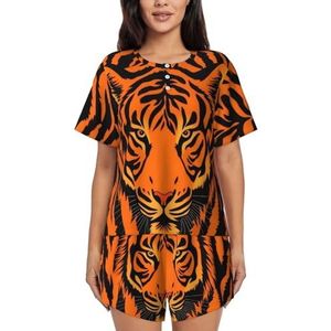 BKTRAVERPT Leuke oranje tijger luipaard dames pyjama set met korte mouwen - zachte button down nachtkleding loungewear, ronde hals nachtkleding zomer pyjama sets met zakken trekkoord, 3d Gedrukt