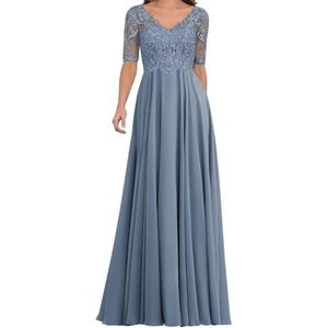 AHERKLL Kant Applique Moeder Van De Bruid Jurken Half Mouw Formele Avond Party Grootmoeder Jurken Lange HAH057, Dusty Blauw, 34