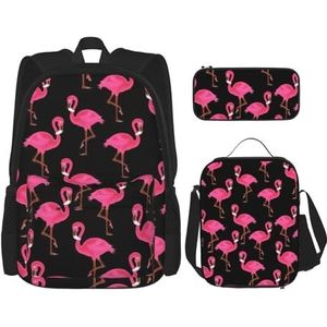 SUHNGE Mexicaanse volkskunst boho print rugzak meisjes jongens schooltassen tiener lunchbox en etui 3 in 1 boekentassen set, Heerlijk Roze Flamingo's, Eén maat