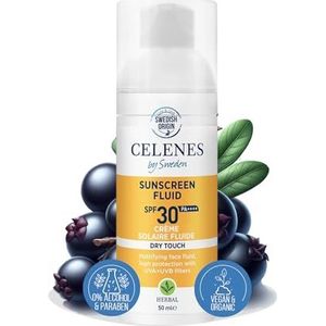 Celenes by Sweden Herbal Dry Touch Getinte Zonnebrandcrème Fluid SPF 50-50ml - Breedspectrum Bescherming voor Alle Huidtypes, Blauw Licht Bescherming, Vegan, Parfumvrij, Alcoholvrij, Waterbestendig