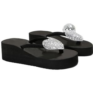 UBOHUZ Dames Flip Flops Glitter Hart Wedge Hakken Flip Flops Vrouwen Zomer Lichtgewicht Antislip Slippers Vrouwen Platform Clip Teen Sandalen Voor Strand, Indoor, Zilver, 42 EU