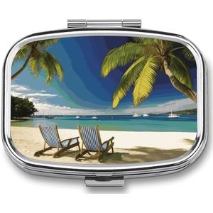 Strandpalmboomstoelen, boten, pillenetui met 2 compartimenten, pillenorganizer, draagbare vierkante pillendoos, organizer voor vitaminepillen voor portemonnee en reizen
