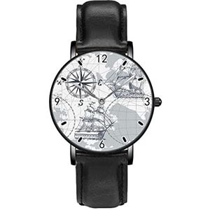 Nautische Kompas En Zeilboot Kaart Klassieke Patroon Horloges Persoonlijkheid Business Casual Horloges Mannen Vrouwen Quartz Analoge Horloges, Zwart