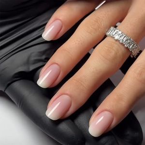 Franse kunstnagels medium, 24 stuks gradiënt wit roze Franse nepnagels, vierkant patroon, Franse nageltips met nagellijm, voor vrouwen, meisjes, nagels, kunstgradiënt, roze