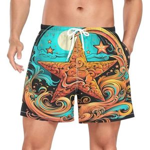 Niigeu Cartoon Moon Star Starfish Zwembroek voor heren, sneldrogend, met zakken, Leuke mode, L