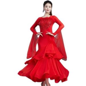 Yhsgscr Professionele ballroomkostuum met lange mouwen voor dames Mesh Splice Foxtrot danskleding Moderne dansjurken Banquet National Standard Big Swing Rok,Rood,L